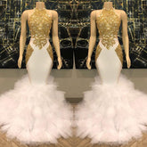 White And Gold Halter Sleeveless Appliques Ruffles Prom Dress